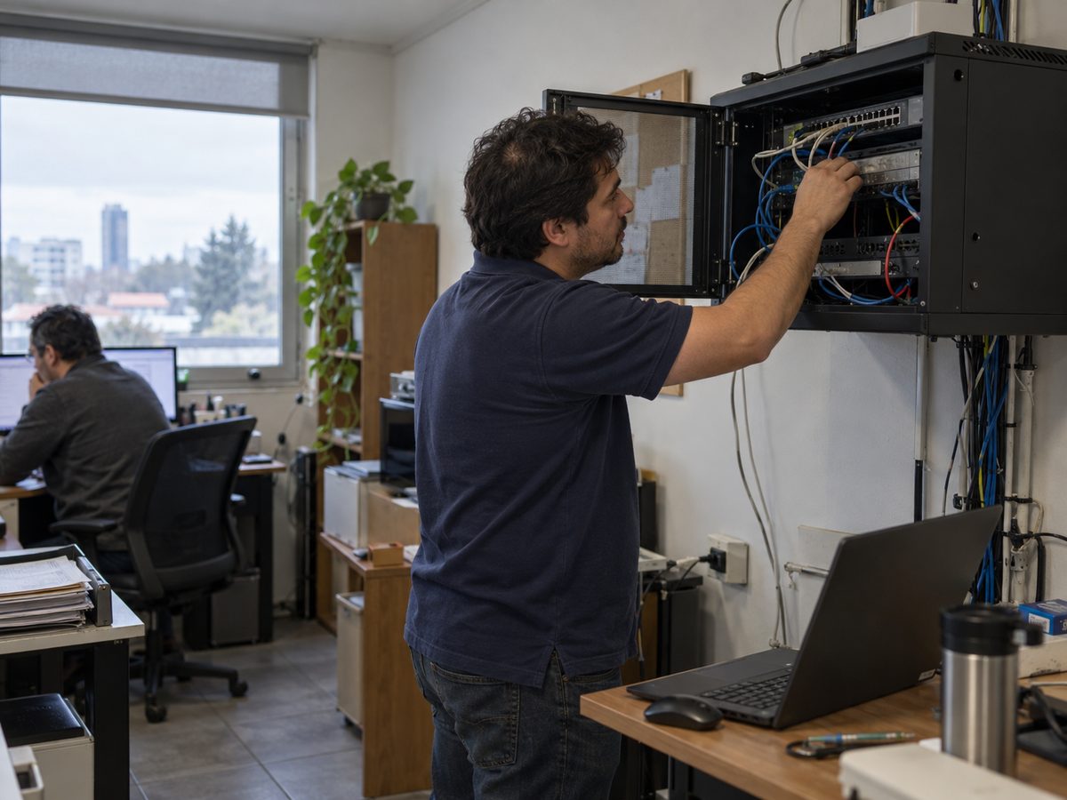 Técnico en terreno revisando equipos de una oficina